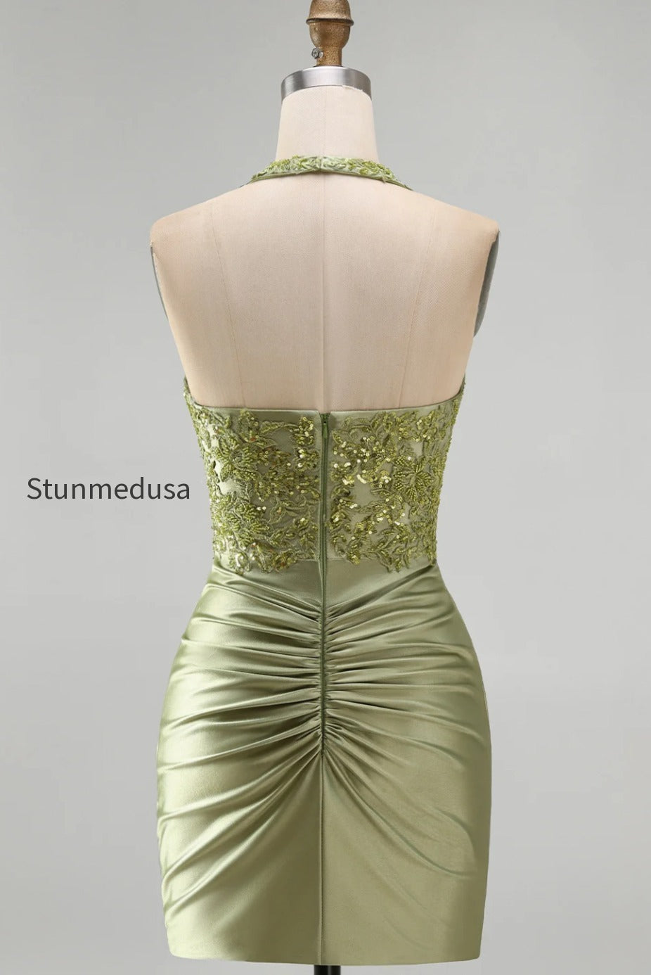 army-green-appliqued-ruched-halter-tight-short-corset-homecoming-dress