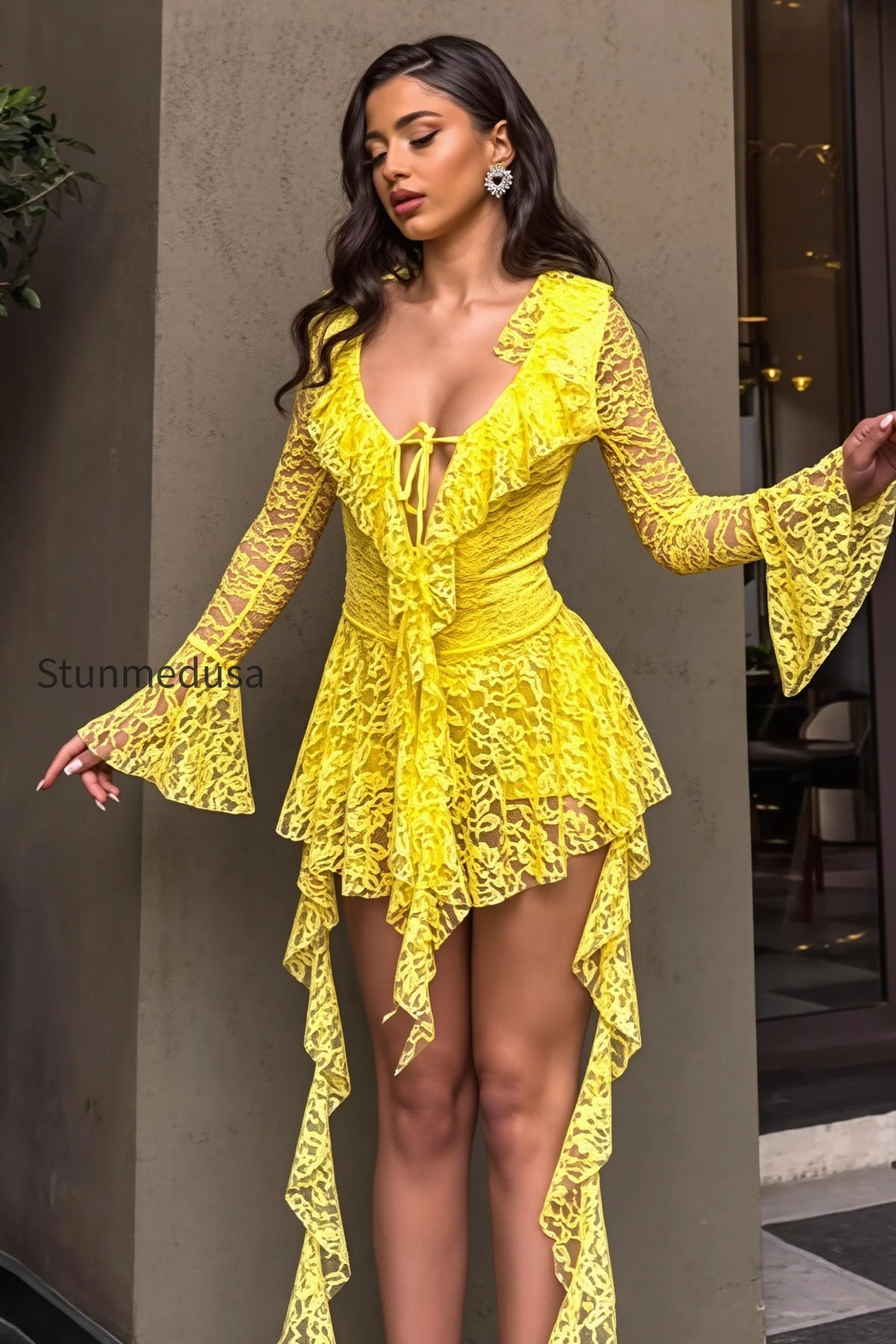 solid-lace-splice-ruffle-mini-dress