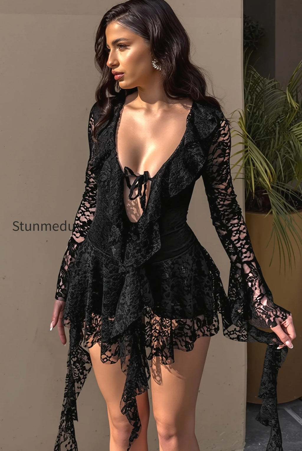 solid-lace-splice-ruffle-mini-dress