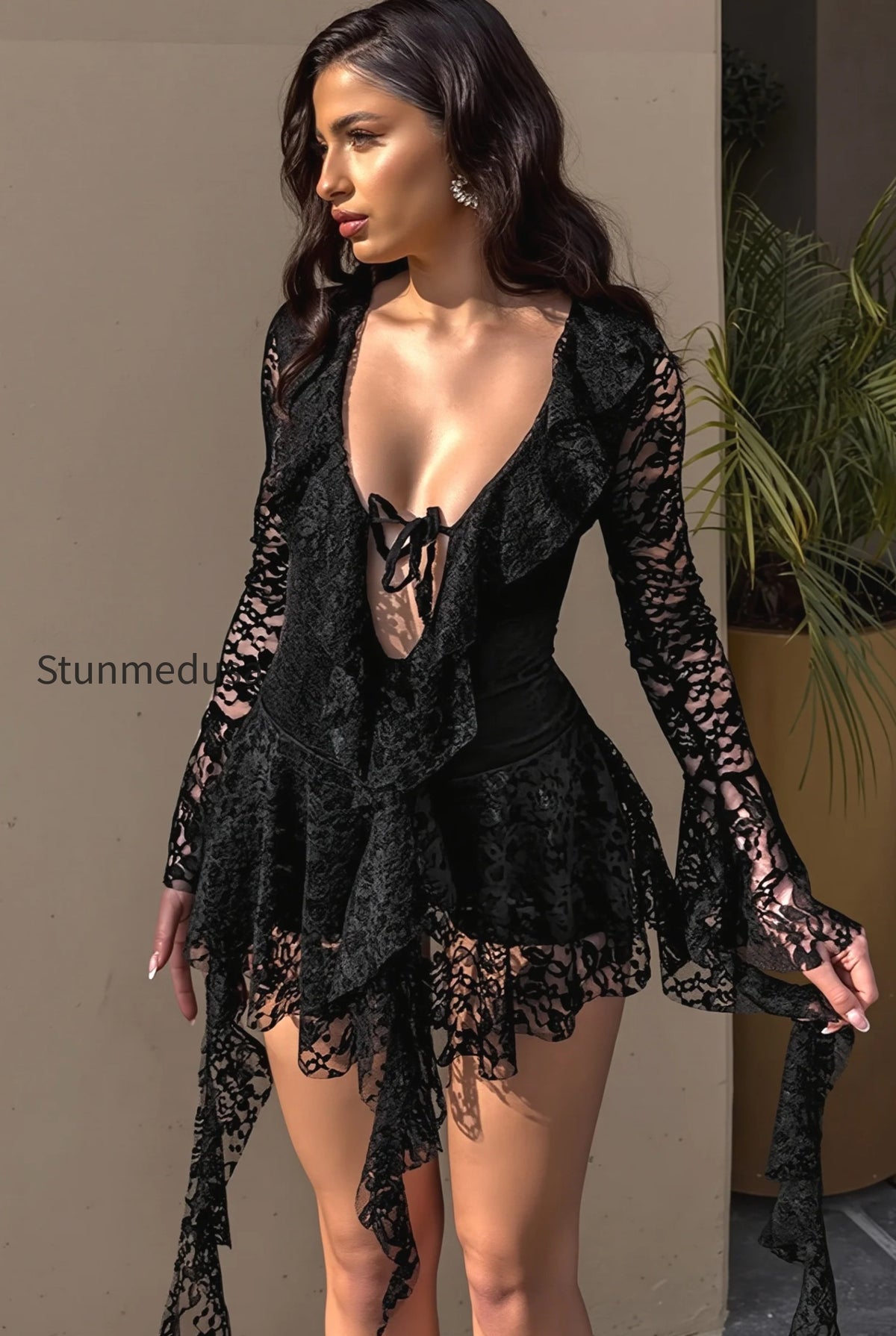 solid-lace-splice-ruffle-mini-dress