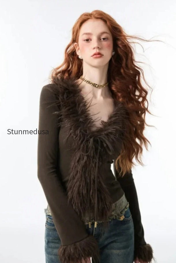 db-lace-up-v-neck-plush-cardigan
