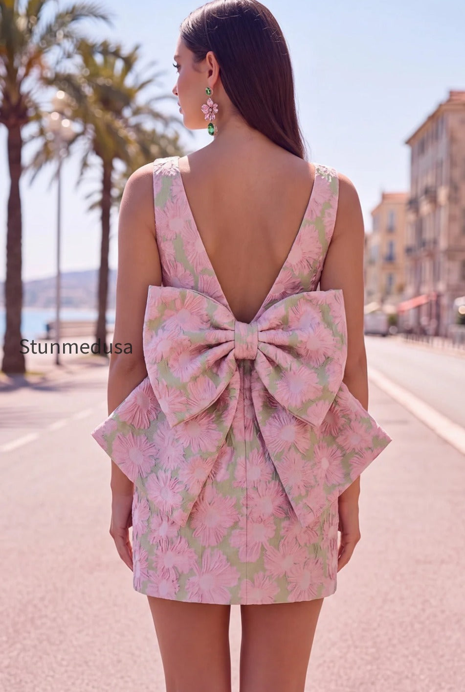floral-pink-green-tight-boat-neck-short-homecoming-dress-with-bow