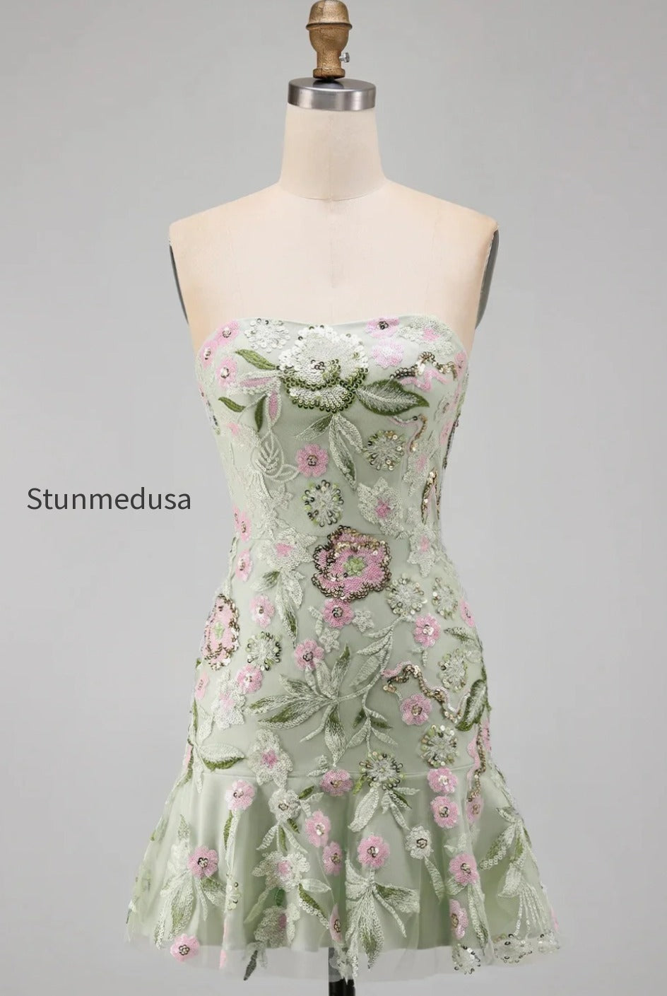 sage-green-floral-short-strapless-homecoming-dress-with-ruffles